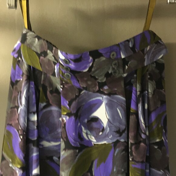 Vintage 80s Union Made Purple Rose Button Waist Pleated Midi Skirt - Picture 4 of 14